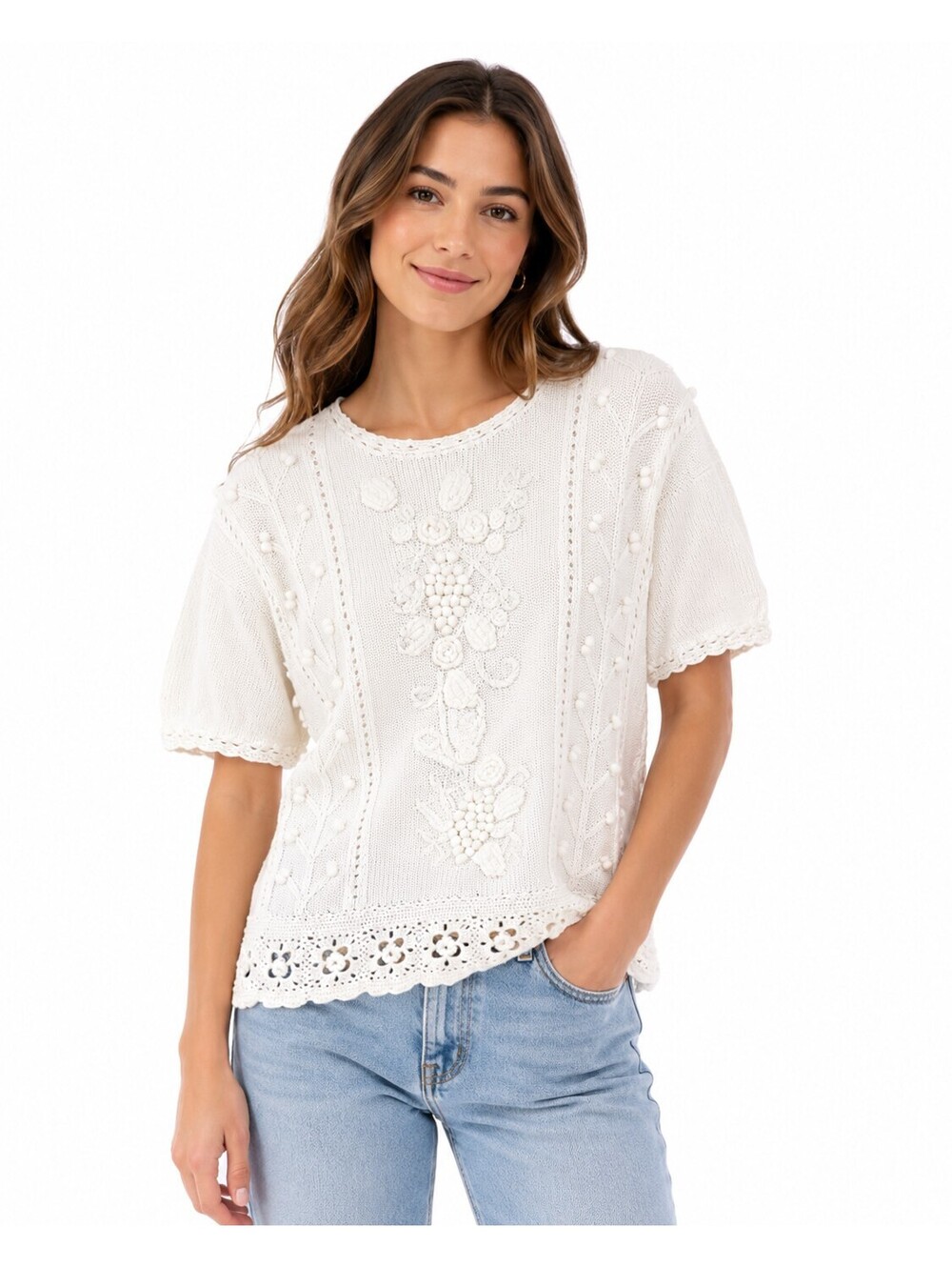 Shenanigans Vintage Crochet Knit Floral Sweater Top White Cottagecore Boho M